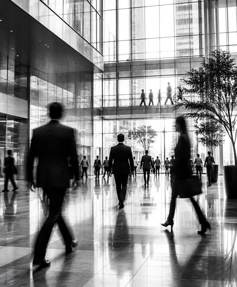 Profissionais caminhando em lobby corporativo, fotografia em preto e branco